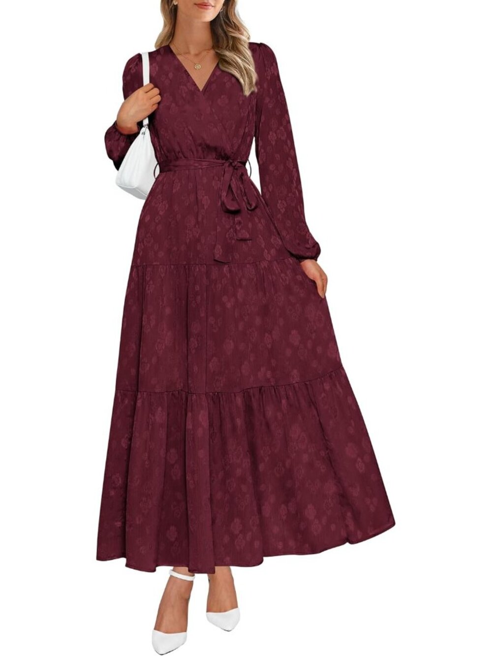 Women's Wine Red Long Sleeve Casual Boho Floral Wrap Wedding Guest Maxi Dresses